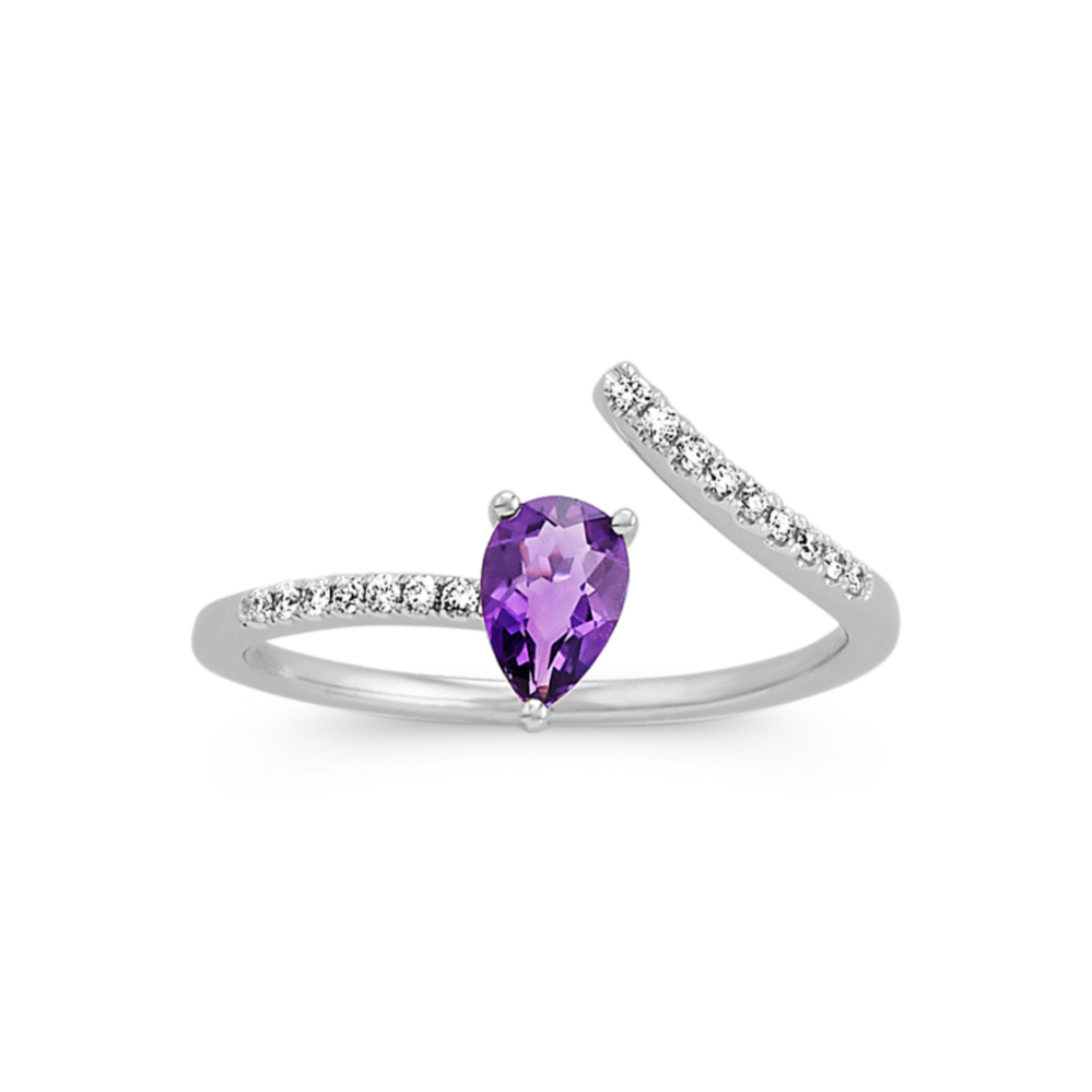 Pave-Set Diamond and Pear-Shaped Amethyst Ring