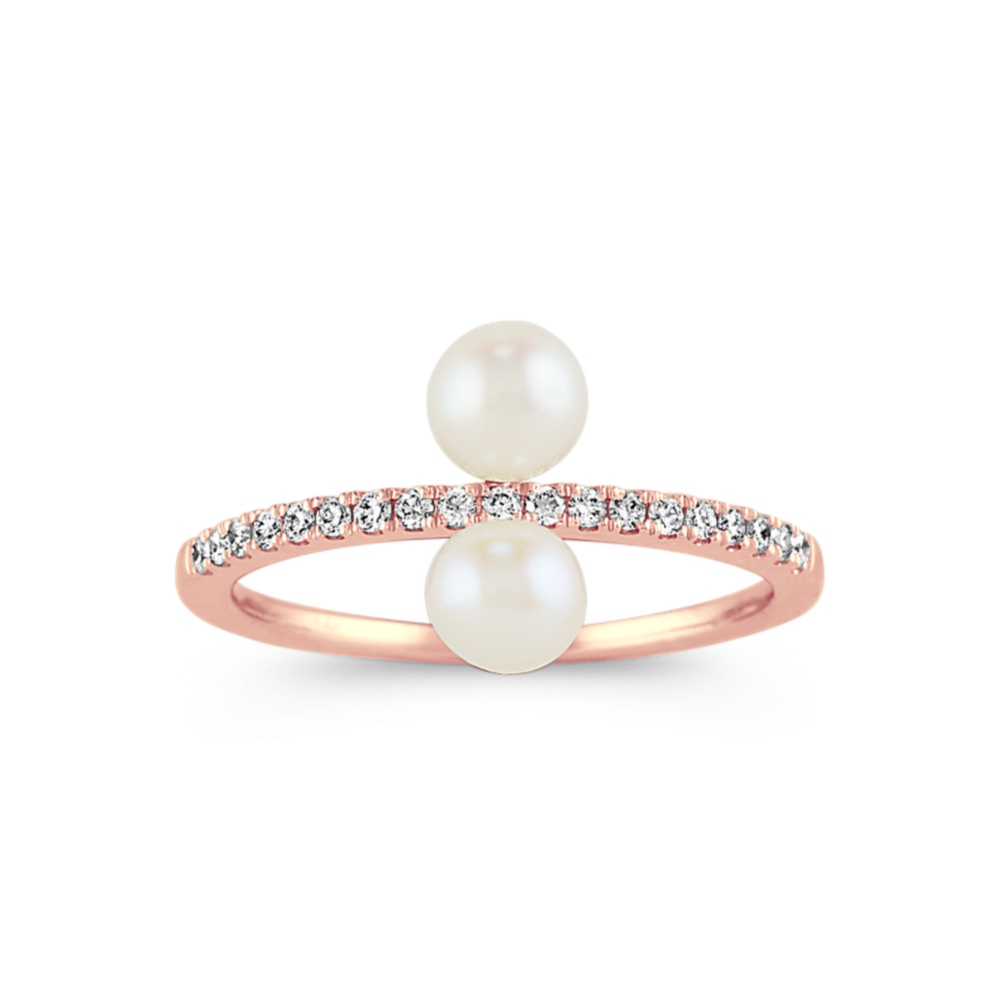 Pave-Set Diamond and Cultured Pearl Ring in 14k Rose Gold