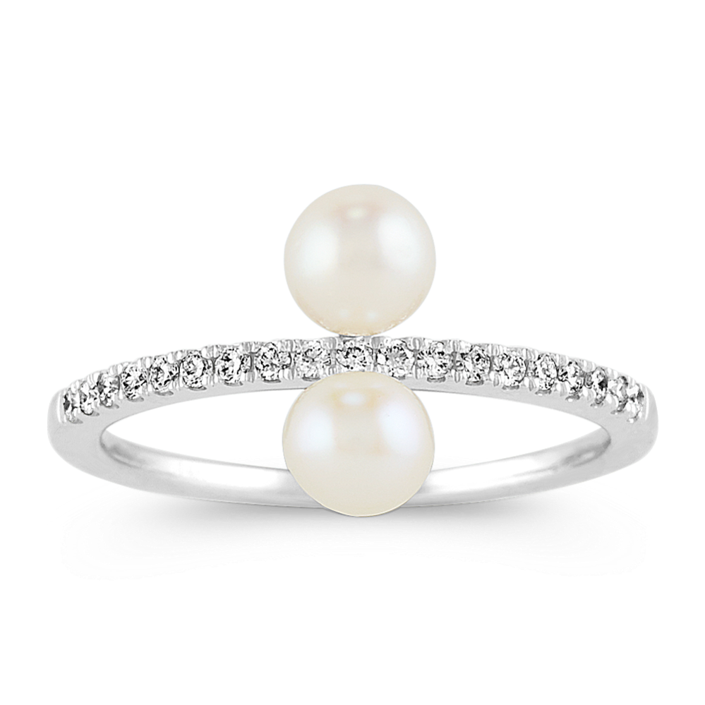 Pave-Set Diamond and Cultured Pearl Ring in 14k White Gold