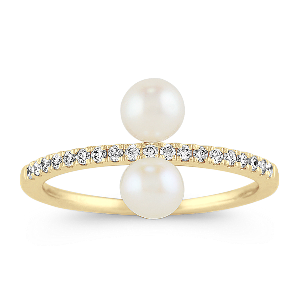 Pave-Set Diamond and Cultured Pearl Ring in 14k Yellow Gold