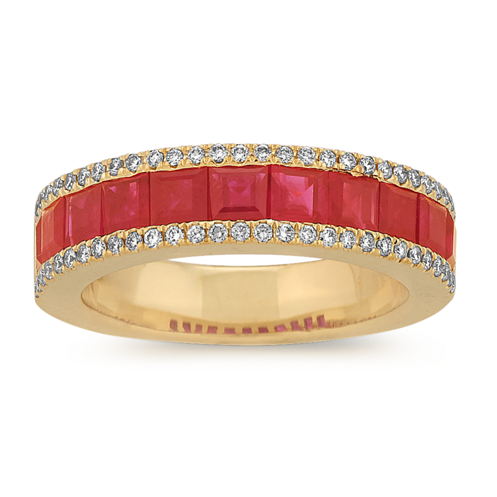Pave-Set Square Ruby and Round Diamond Ring