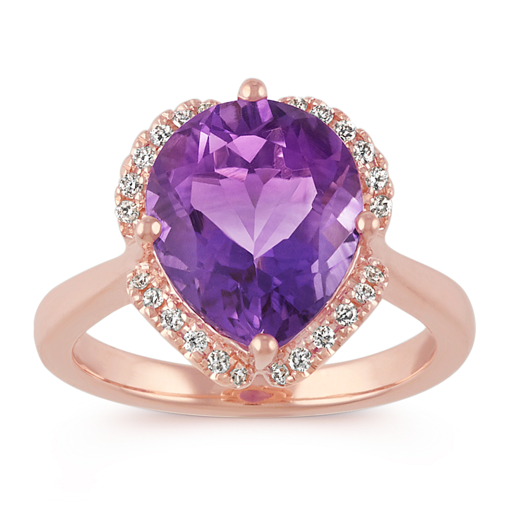 Pear-Shaped Amethyst and Round Diamond 14k Rose Gold Ring