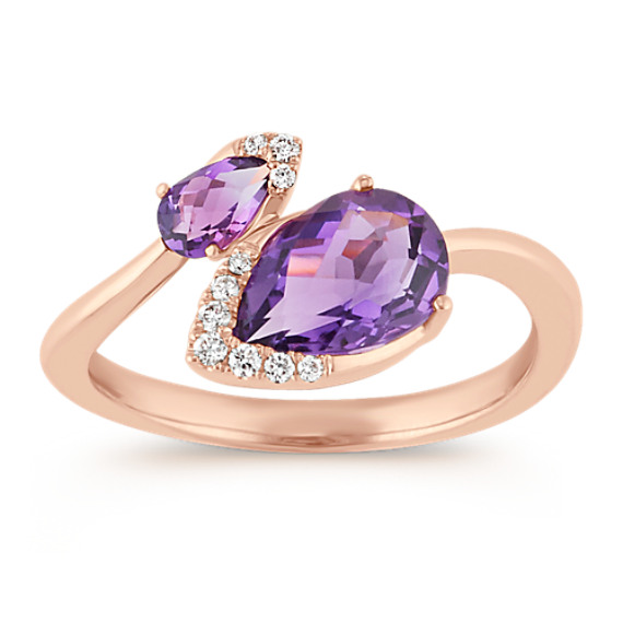 Pear-Shaped Amethyst and Round Diamond Ring in 14k Rose Gold