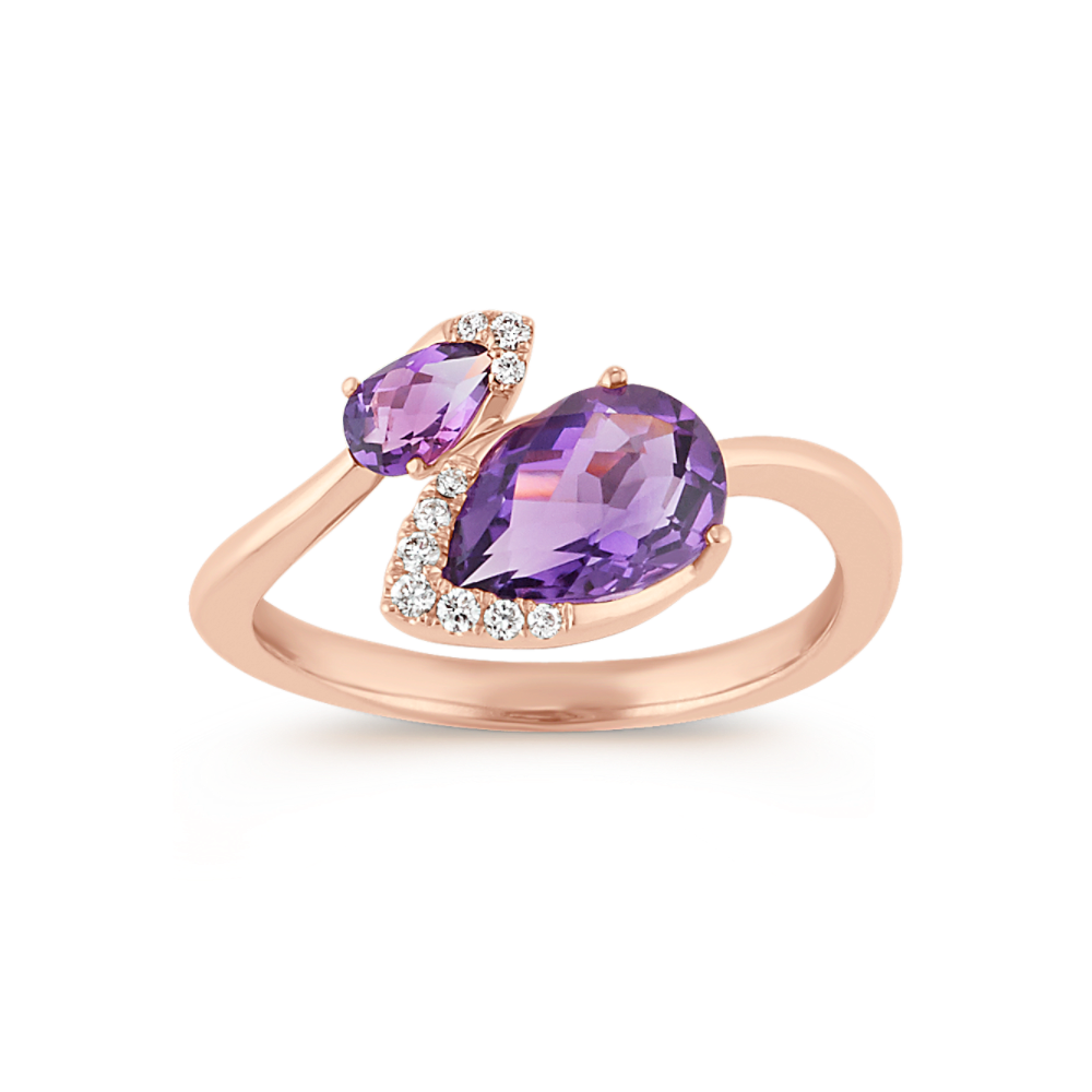 Pear-Shaped Natural Amethyst and Round Natural Diamond Ring in 14k Rose Gold