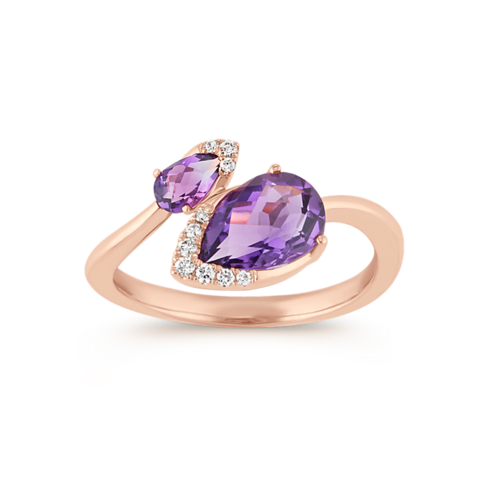 Pear-Shaped Amethyst and Round Diamond Ring in 14k Rose Gold