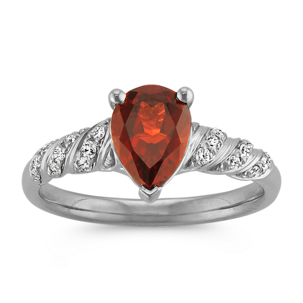 Pear-Shaped Garnet and Round Diamond Twisted Swirl Ring in 14k White Gold