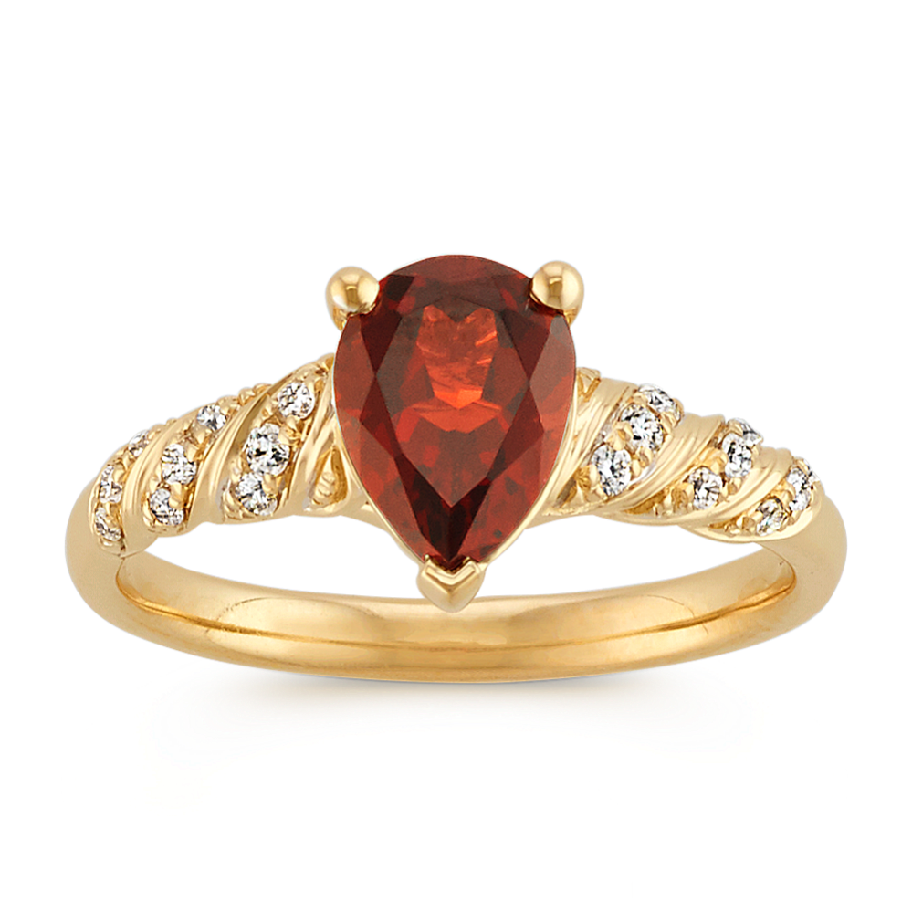 Pear-Shaped Garnet and Round Diamond Twisted Swirl Ring in 14k Yellow Gold