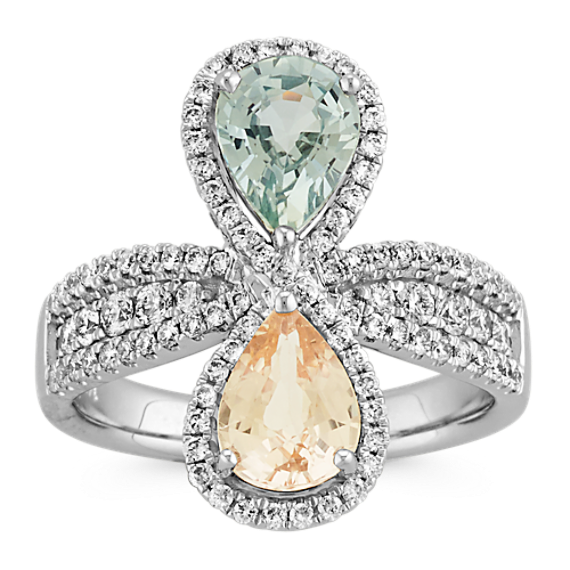 Pear-Shaped Green Sapphire and Peach Sapphire Ring with Diamond