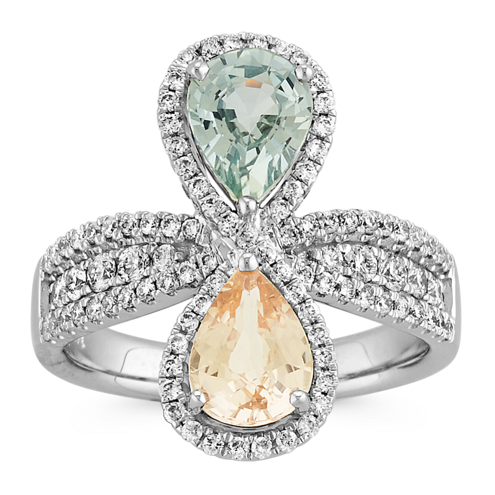 Pear-Shaped Green Sapphire and Peach Sapphire Ring with Diamond Accent