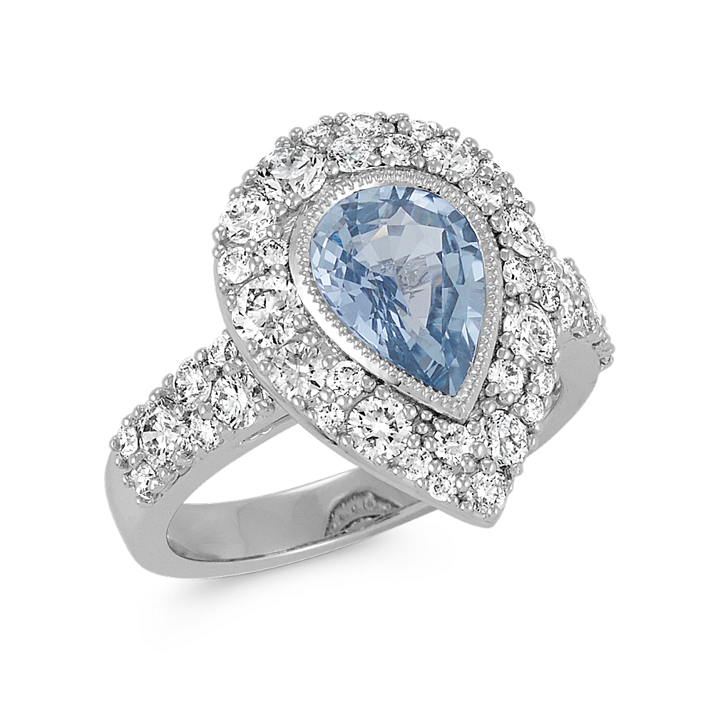Pear-Shaped Ice Blue Sapphire and Round Diamond Ring with Milgrain ...