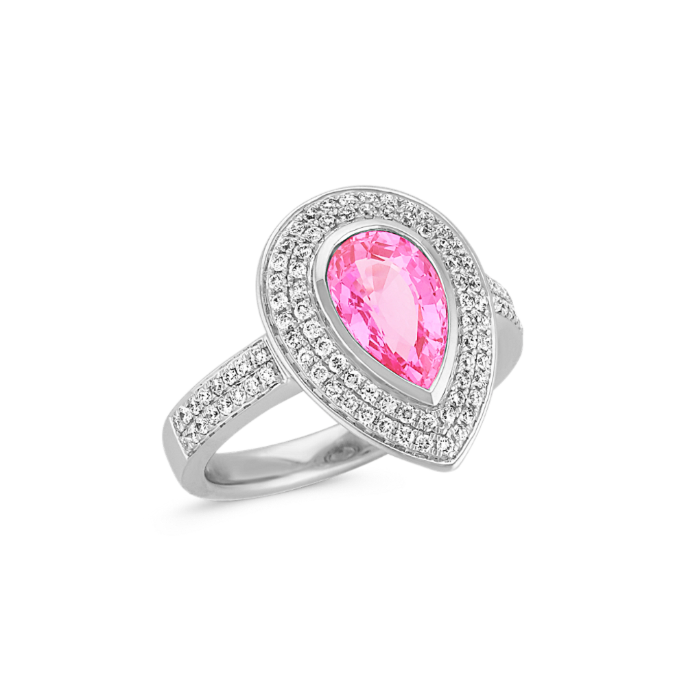 Pear Shaped Pink Natural Sapphire and Natural Diamond Halo Ring with ...