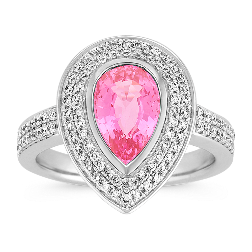 Pear Shaped Pink Sapphire and Diamond Halo Ring with Pave-Setting