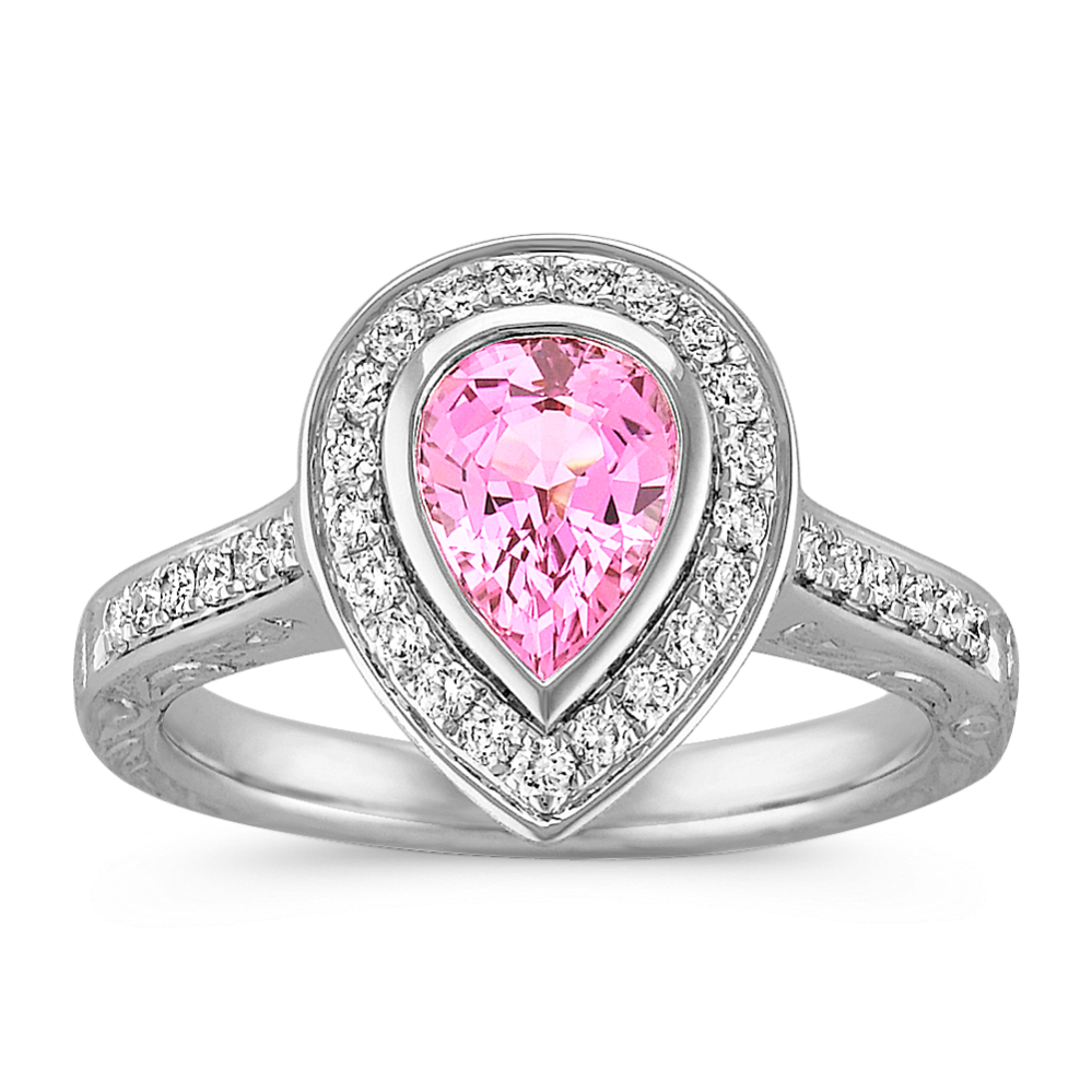Pear Shaped Pink Sapphire and Round Diamond Ring with Bezel-Setting