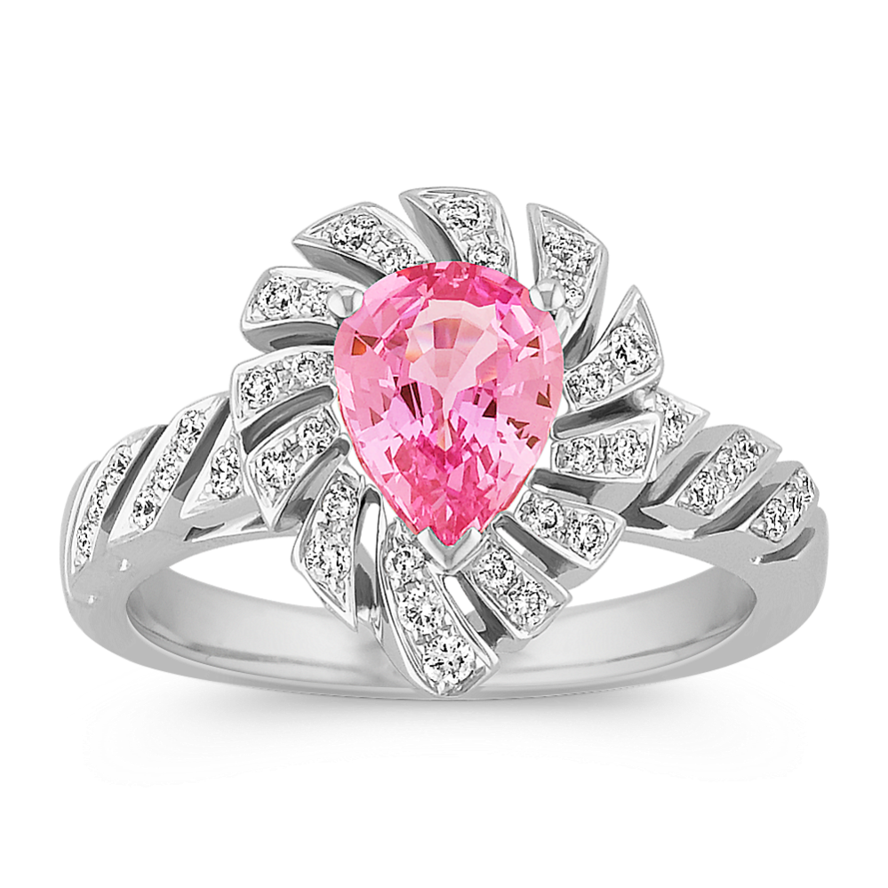 Pear Shaped Pink Sapphire and Round Diamond Ring with Pave-Setting
