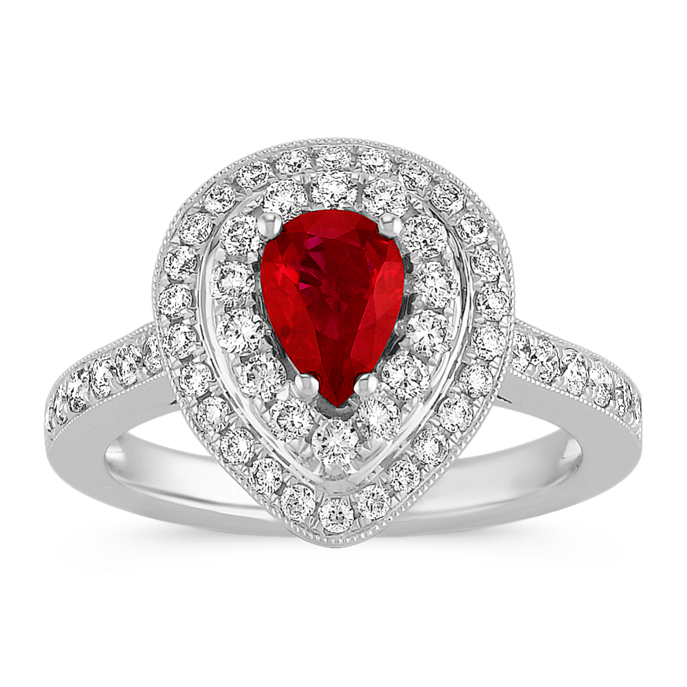 Pear-Shaped Ruby and Diamond Double Halo Fashion Ring