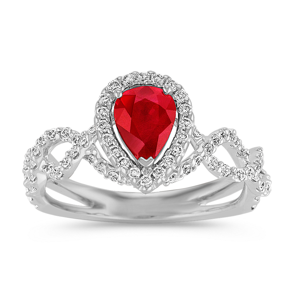 Pear-Shaped Ruby and Round Diamond Halo Ring