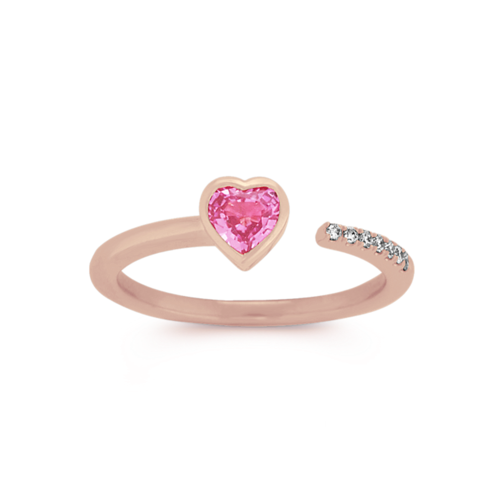 Pink Sapphire Heart and Round Diamond Ring in 14K Rose Gold