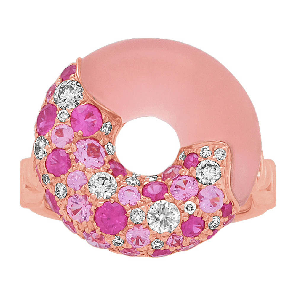 Pink Sapphire, Quartz and Diamond Mosaic Ring in 18K Rose Gold