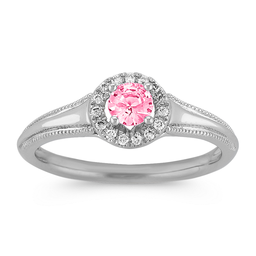 Pink Sapphire and Diamond Halo Fashion Ring in Sterling Silver