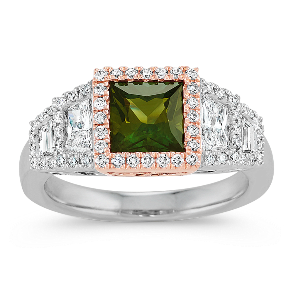 Princess Cut Green Sapphire, Trapezoid and Round Diamond Ring
