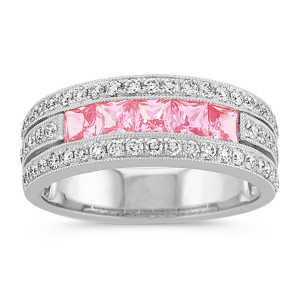 Princess Cut Pink Sapphire and Round Diamond Band