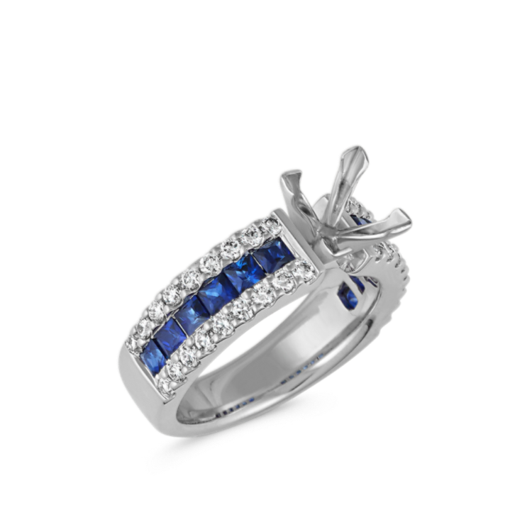 Princess Cut Natural Sapphire and Round Natural Diamond Engagement Ring