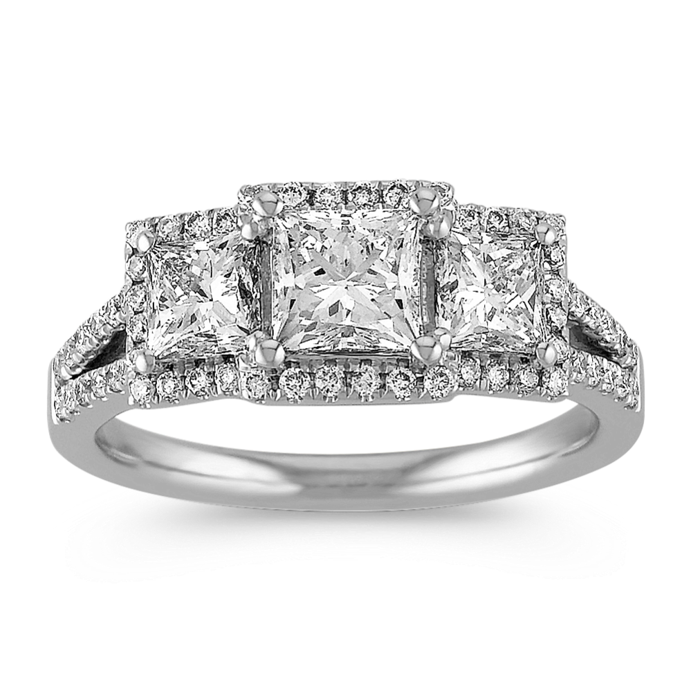 Princess Cut Three-Stone and Round Diamond Ring with Split Shank