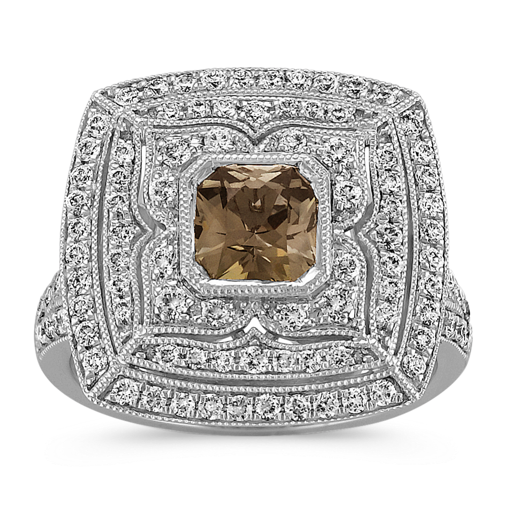 Radiant Cut Cognac Sapphire and Round Diamond Ring
