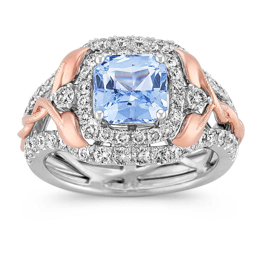 Radiant Cut Ice Blue Sapphire and Round Diamond Ring in White and Rose Gold