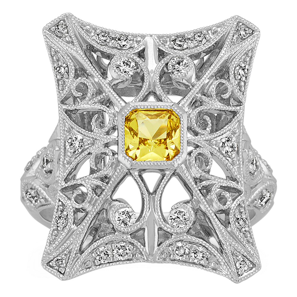 Radiant Cut Yellow Sapphire and Round Diamond Ring
