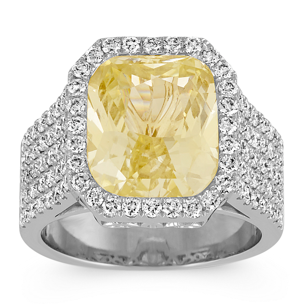 Radiant Cut Yellow Sapphire and Round Pave-Set Diamond Ring