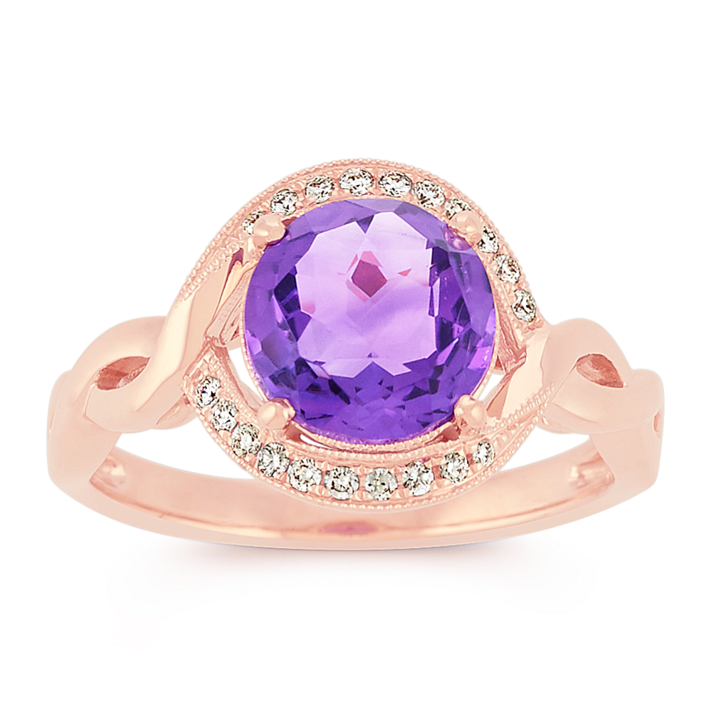 Round Amethyst and Diamond Vintage Ring in 14k Rose Gold