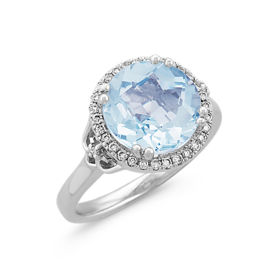 Round Aquamarine and Diamond Halo Ring in Sterling Silver | Shane Co.