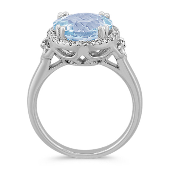 Diamond & Aquamarine Ring Set In Sterling Silver Diamond Halo 