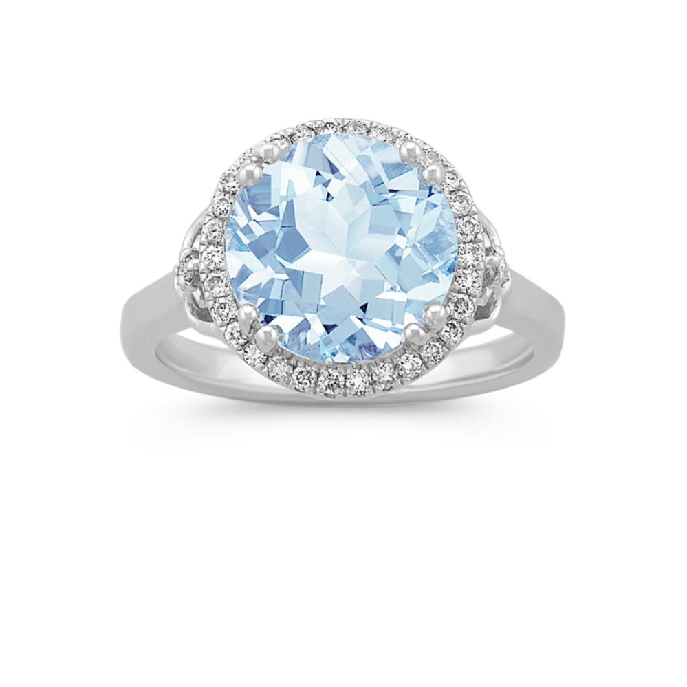 Catalina Aquamarine and Diamond Halo Ring in Sterling Silver