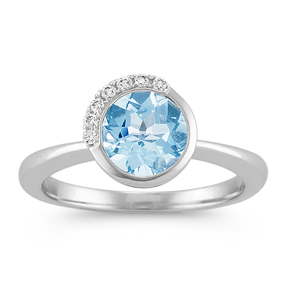 Round Bezel-Set Aquamarine and Diamond Ring in Sterling Silver