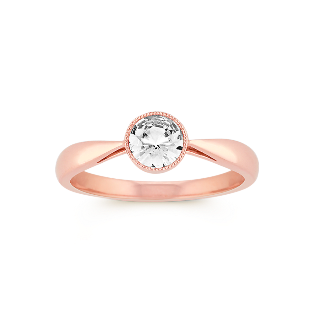 Round Bezel-Set White Natural Sapphire Ring in 14k Rose Gold