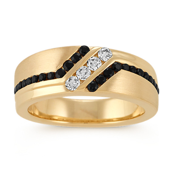 Round Black Sapphire and Diamond Mens Ring in 14k Yellow gold (8mm)