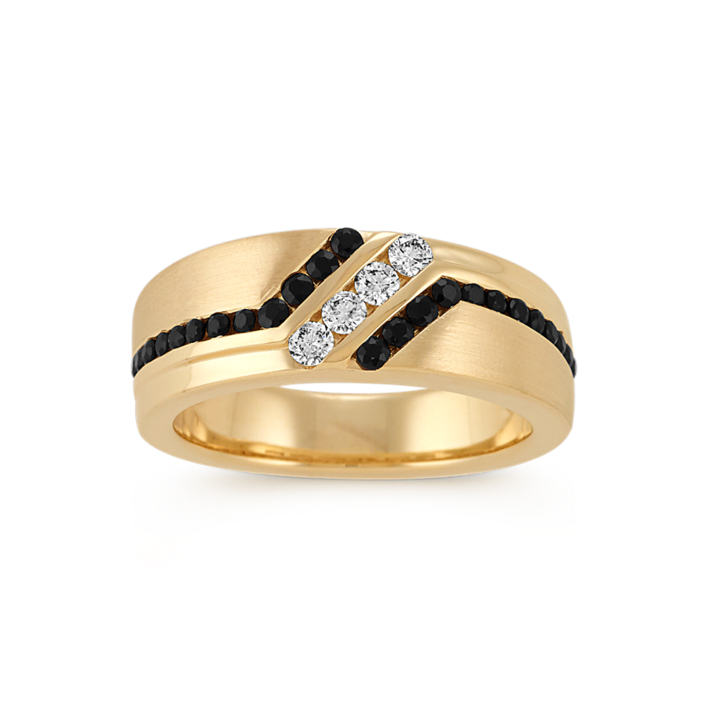 Round Black Natural Sapphire and Natural Diamond Mens Ring in 14k Yellow gold (8mm)