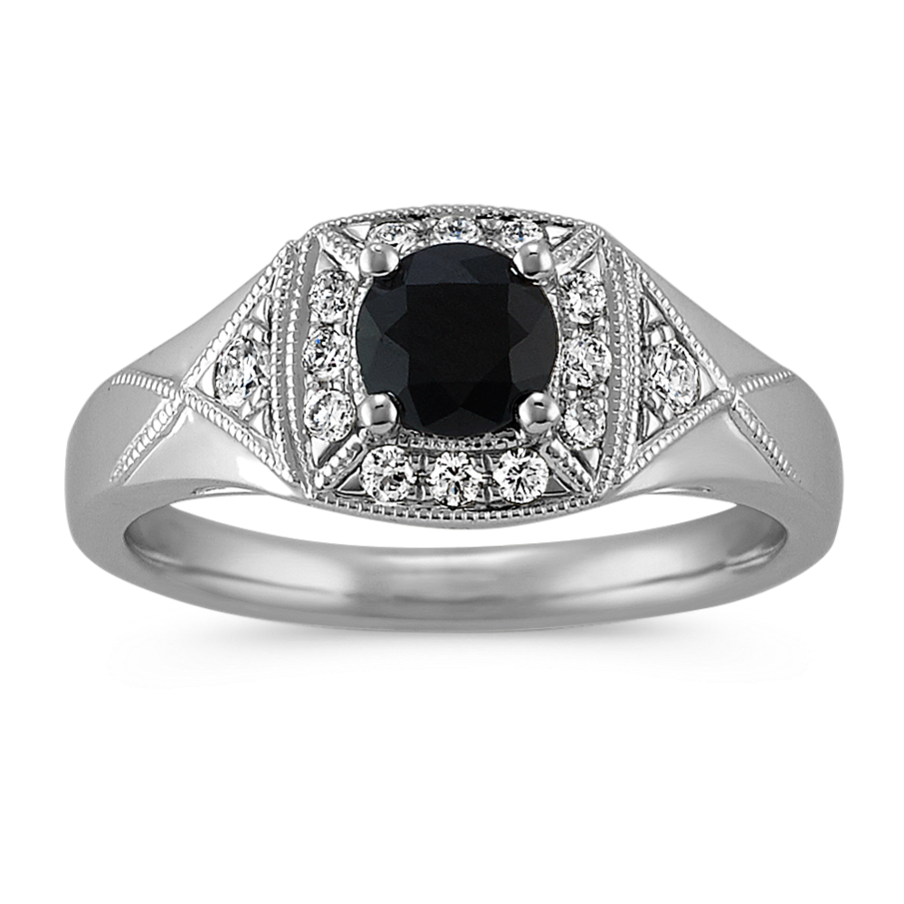 Round Black Sapphire and Round Diamond Vintage Ring in 14k White Gold