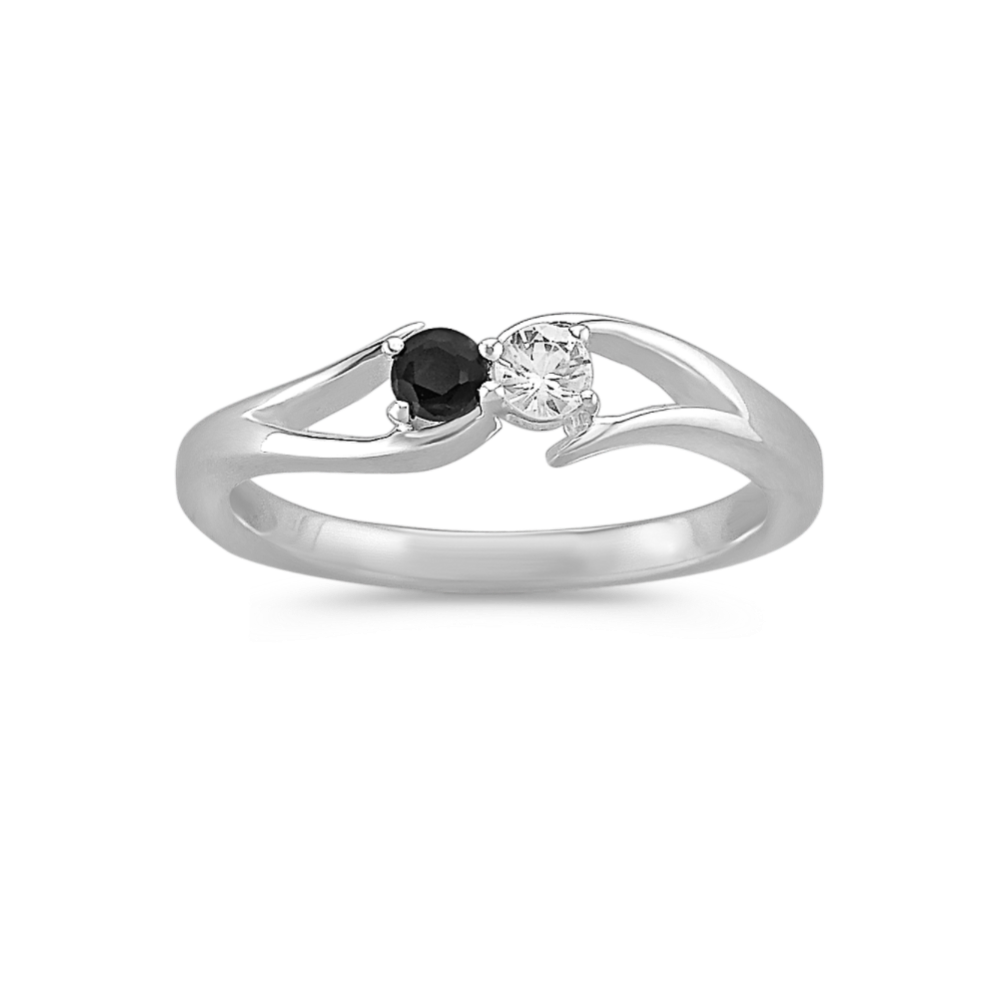 Round Black and White Sapphire Ring in Sterling Silver