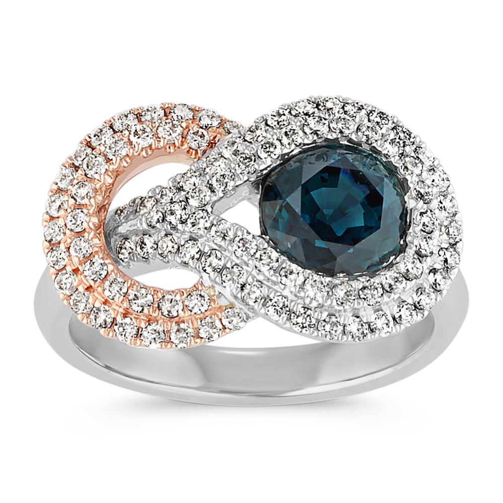 Round Blue Green Sapphire and Diamond Ring in 14k White and Rose Gold