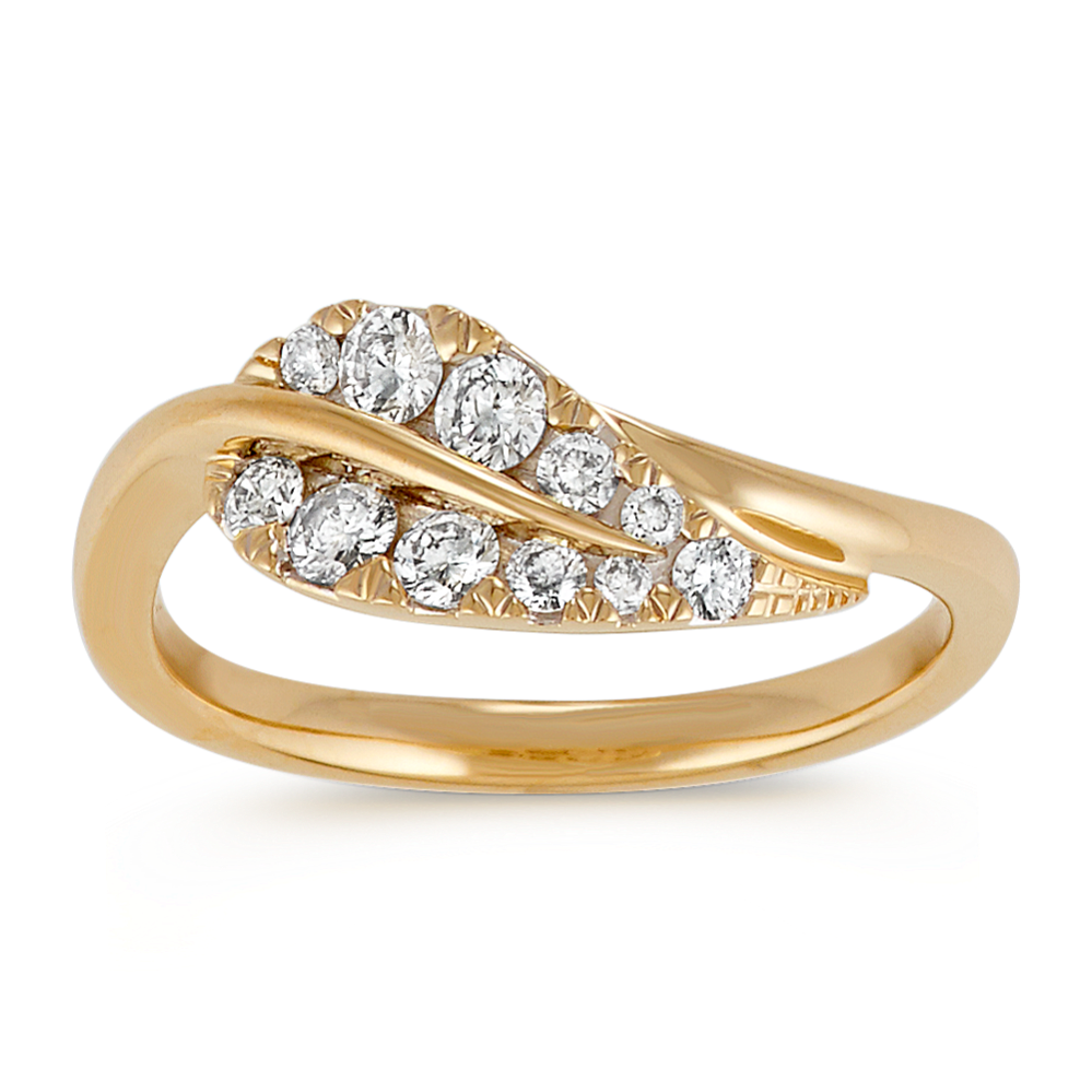 Round Diamond 14k Yellow Gold Leaf Ring