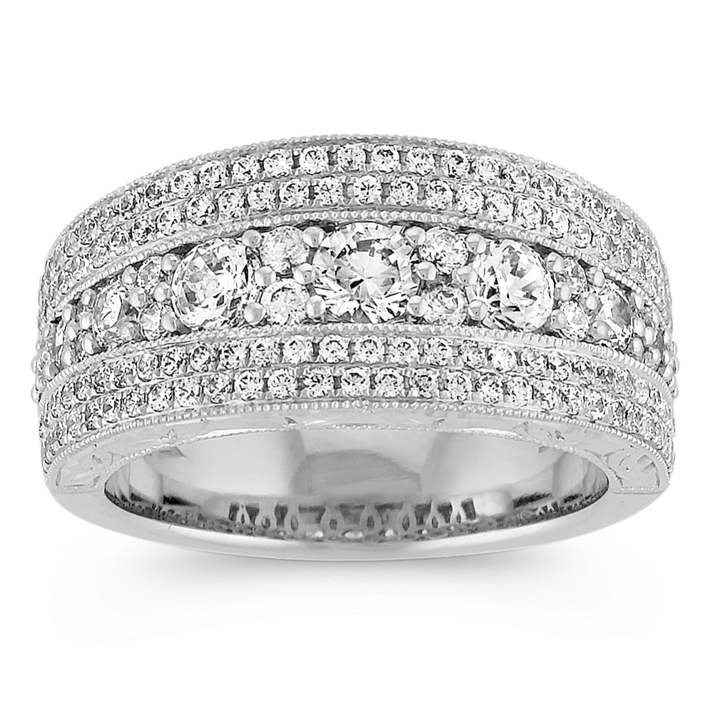 Round Diamond Engraved Ring with Milgrain Detailing in 14k White Gold