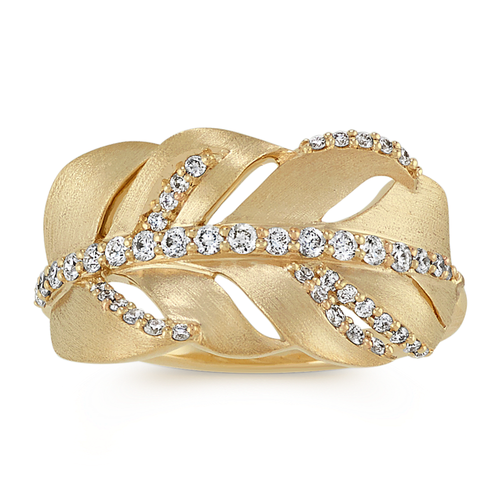 Round Diamond Fashion Leaf Ring in 14k Yellow Gold