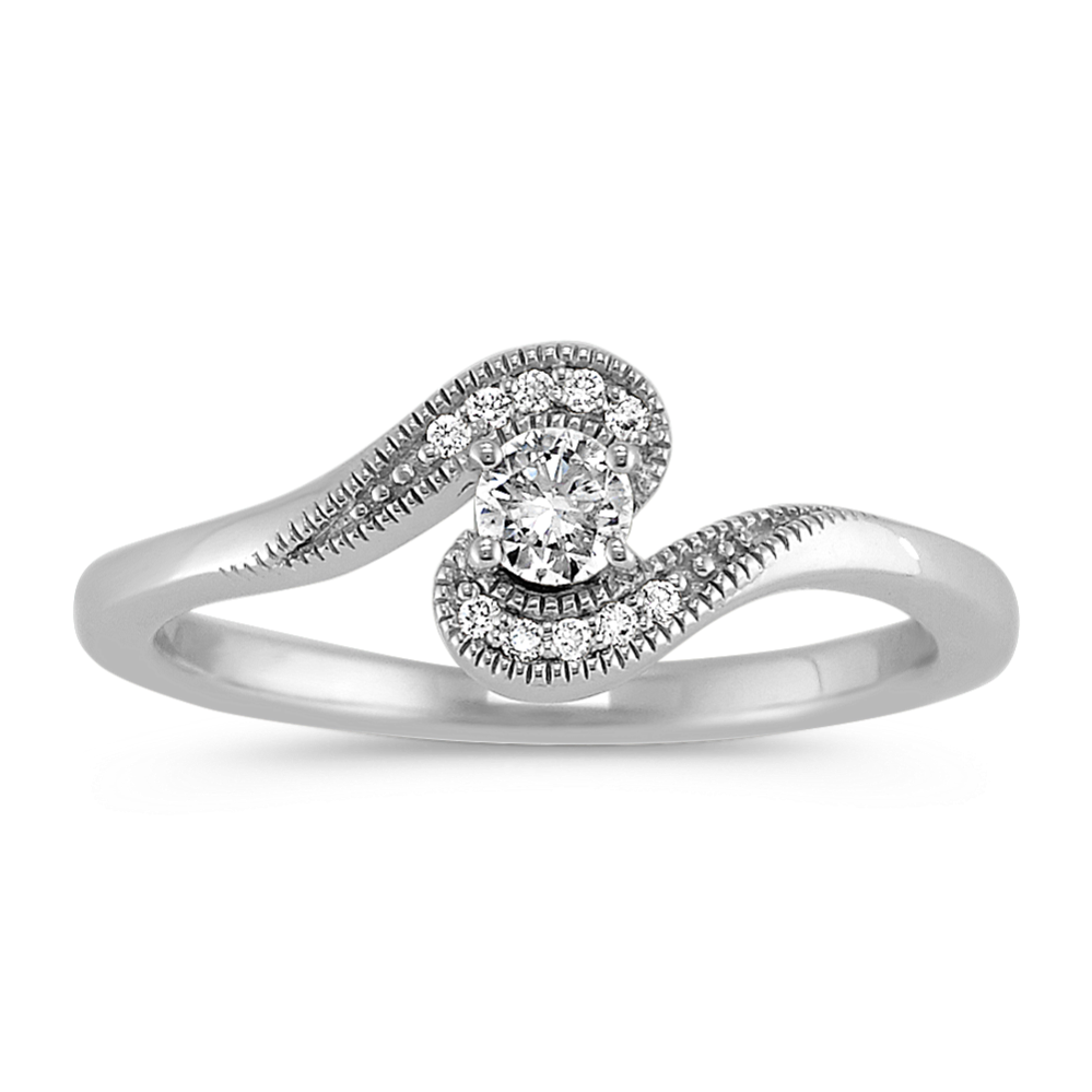 Round Diamond Ring with Milgrain Detailing in Sterling Silver