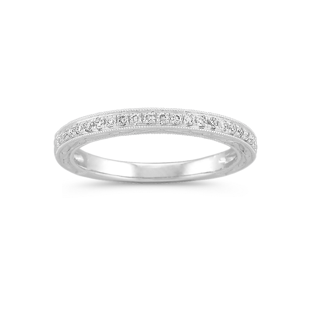 Round Natural Diamond Wedding Band with Side Engraving and Milgrain Detailing