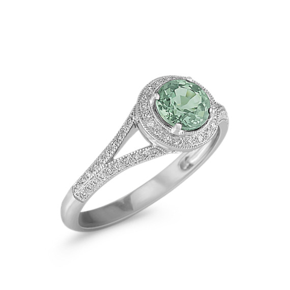 Round Green Sapphire and Diamond Ring in 14k White Gold | Shane Co.