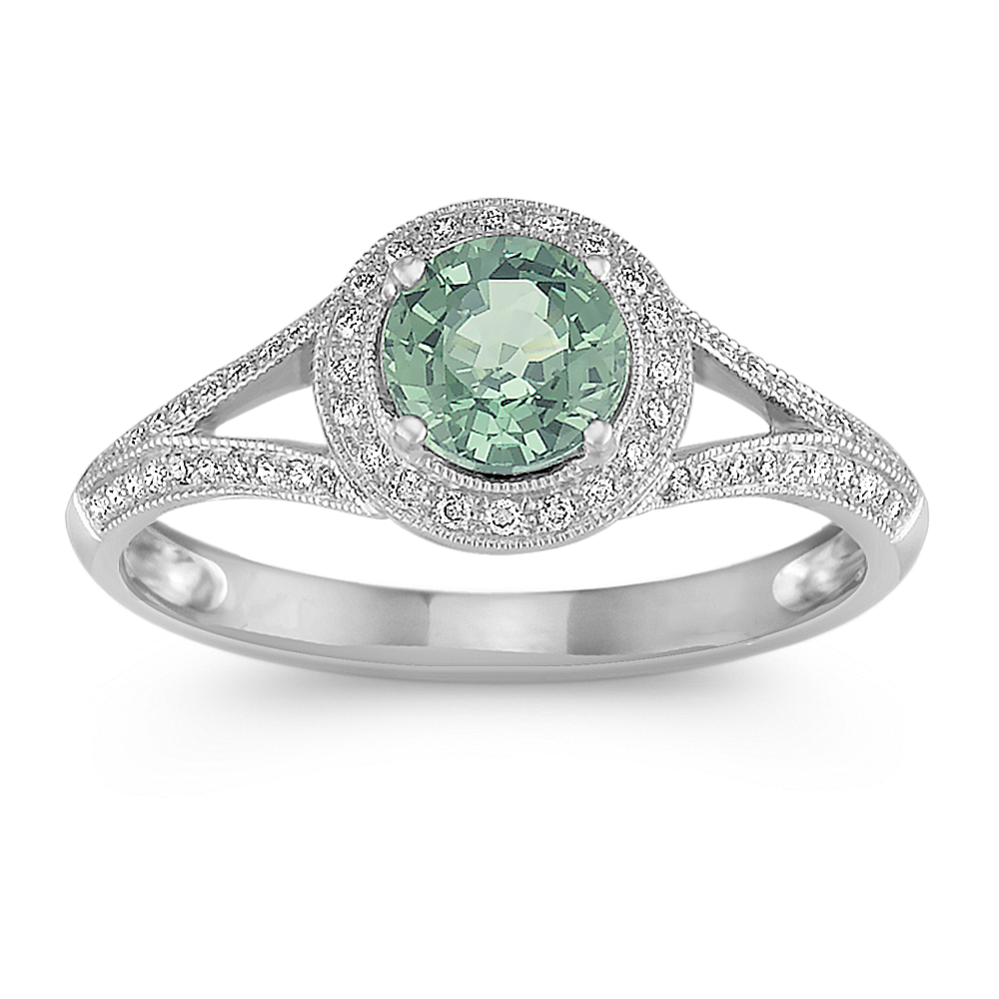 Round Green Sapphire and Diamond Ring in 14k White Gold