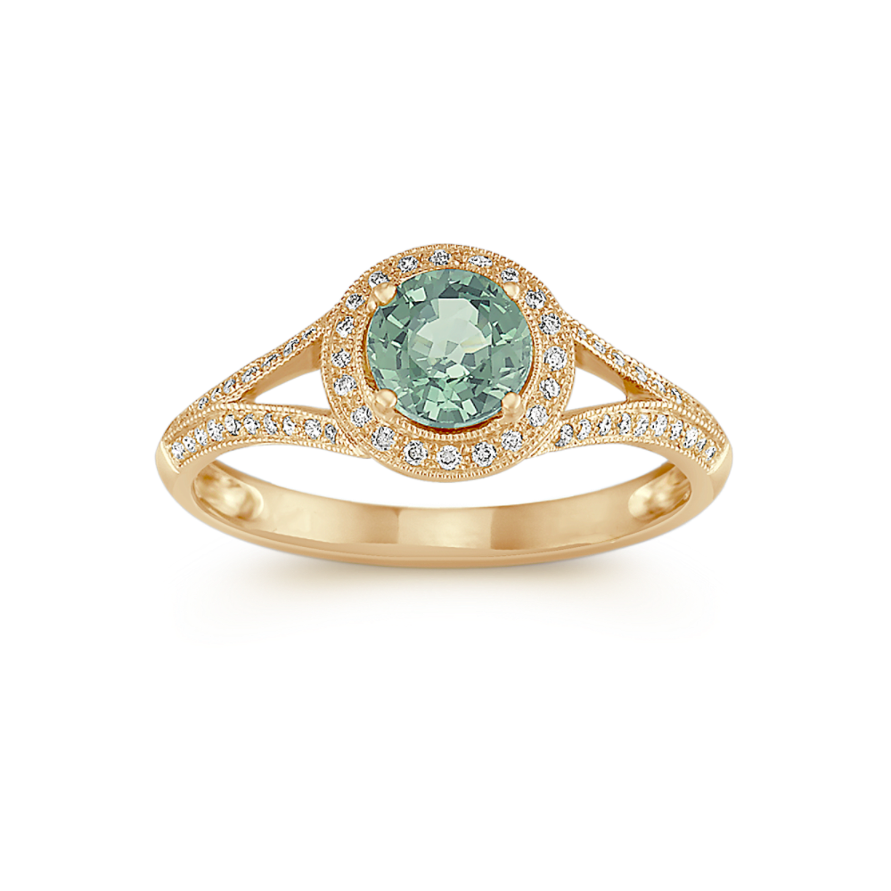 Round Green Sapphire and Diamond Ring in 14k Yellow Gold